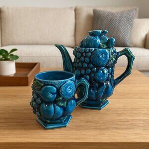 Vintage Japan Blue Ceramic Fruit-Design Teapot Mug Set Mid Century Modern Charm